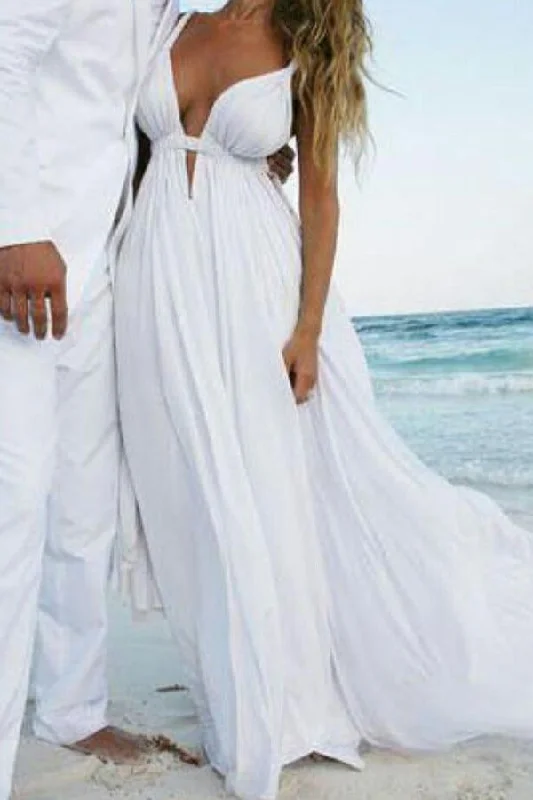 Fashion Sale Roycebridal Charming White Chiffon Simple Sleeveless Open Back Beach Wedding Dresses, MW227