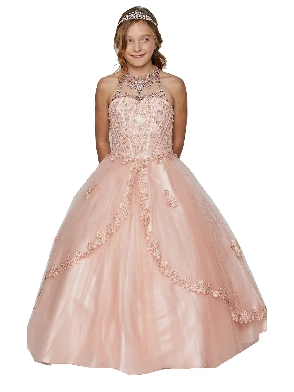 Affordable Fashion for Women Little Girls Blush Dazzling Rhinestone Pearls Halter Neck Pageant Dress 2-6