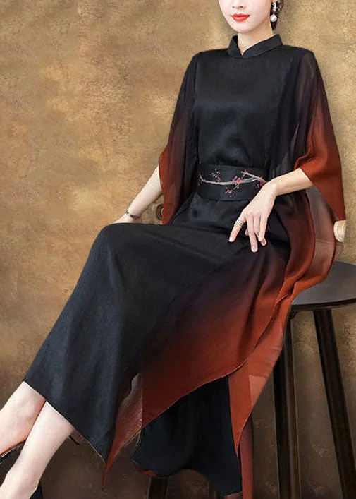 End-Of-Season Clearance Vintage Black Stand Collar Sashes Silk Vacation Dresses Batwing Sleeve