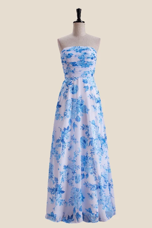 High End Fashion Strapless Blue Floral Print Pleated Long Dress