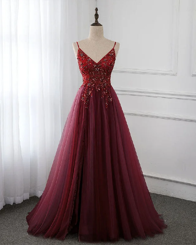 Modern Women’s Fashion with Vintage Touches Dark Red/Burgundy Tulle Beaded Crstal Long Seniro Girls Prom Dress Long Formal Outfit 2022