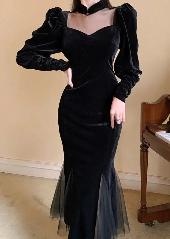 Your Favorite Fashion Pieces Now At Lower Prices Style Black Stand Collar Wrinkled Patchwork Velour Dresses Puff Sleeve