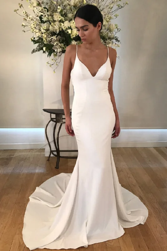 Women Online Clothing Boutiques Roycebridal Satin Mermaid Spaghetti Straps V-neck Wedding Dresses with Train, MW670