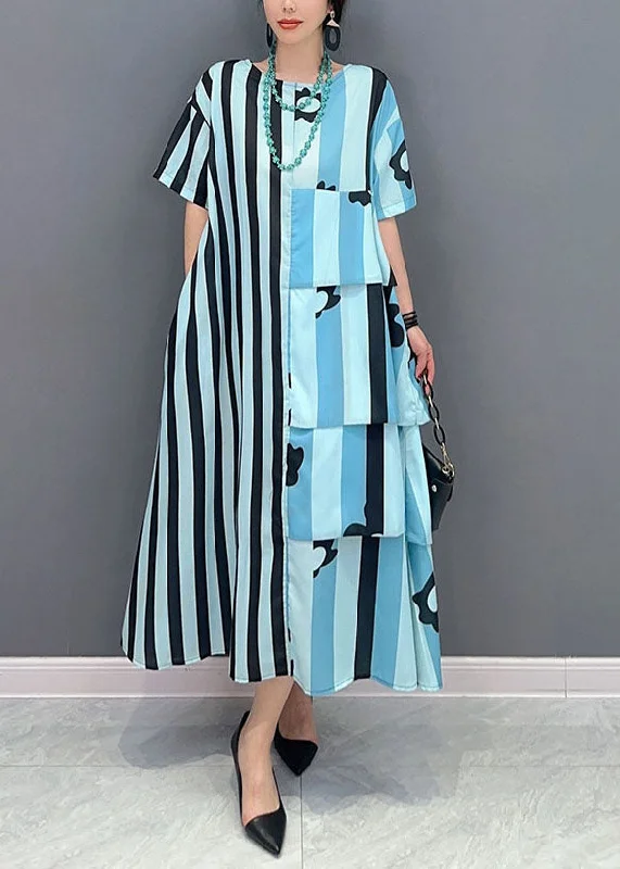 Season Sale French Blue Oversized Patchwork Striped Cotton Dresses Short Sleeve