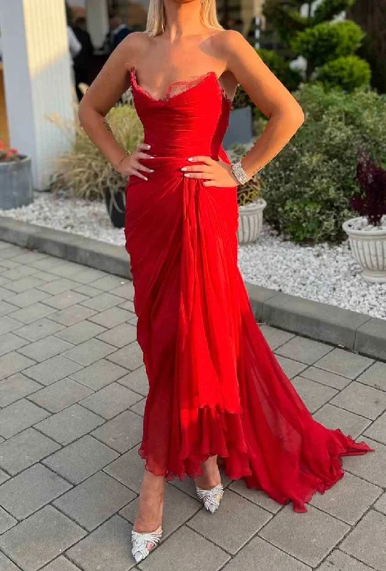 Enjoy Discount Red Strapless V-Neck Ruched Chiffon Sleeveless Long Formal Gown