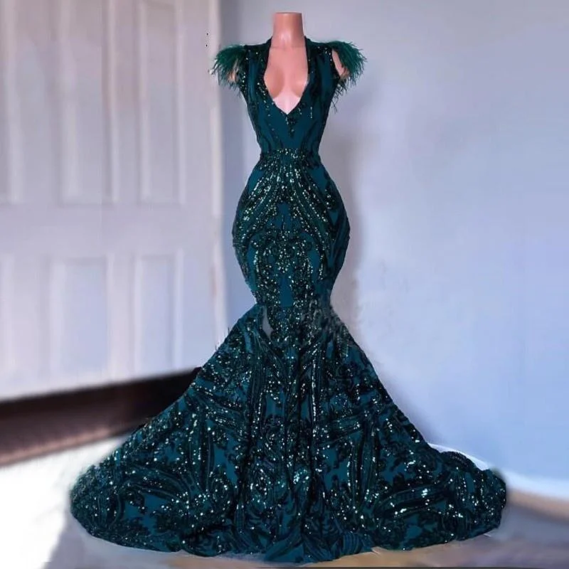 Outlet Clothing African Black Girls Court Train Feather V Neck Sexy Formal Party Gowns prom dress       cg23460