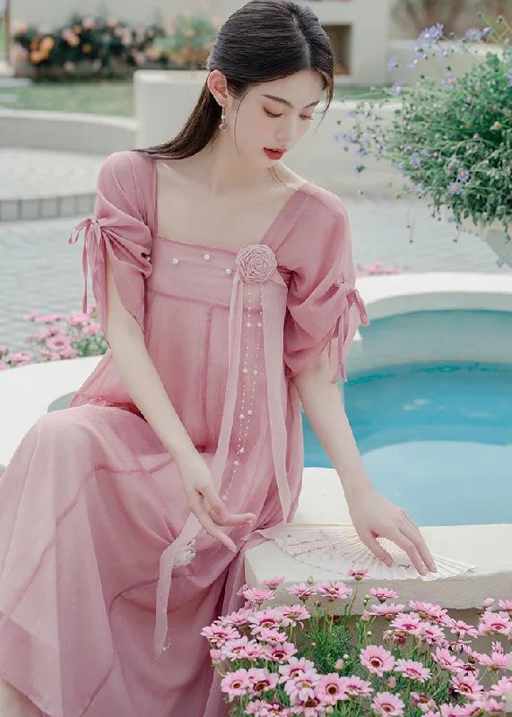 Discount Price Classy Pink Floral Drawstring Patchwork Chiffon Dress Summer