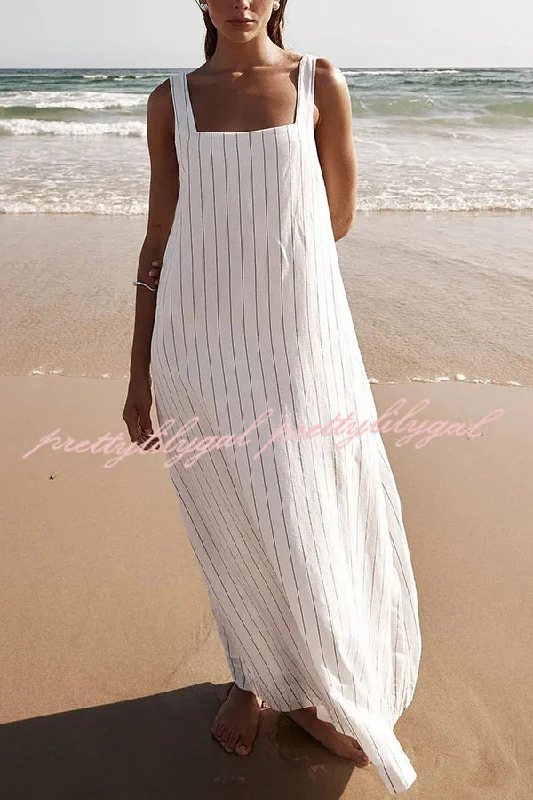 Stylish Savings Simple and Stunning Linen Blend Pinstripe Detail Square Neck A-line Maxi Dress