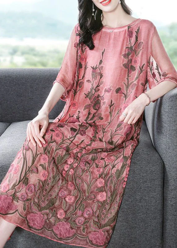 Women's Apparel Modern Pink O-Neck Embroideried Silk A Line Dress Half Sleeve