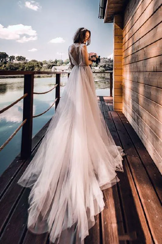 Winter Wardrobe Clearance Roycebridal Silver Tulle Rustic Cap Sleeves Boho Wedding Dresses, Wedding Gown, MW677