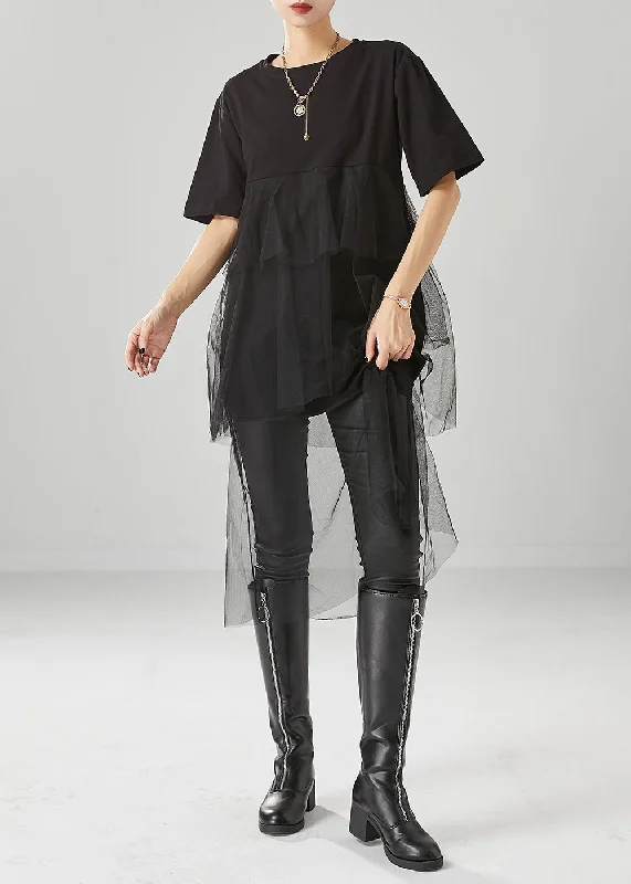 Huge Savings On Must-Have Clothing Stylish Black Asymmetrical Patchwork Tulle Cotton Dresses Summer