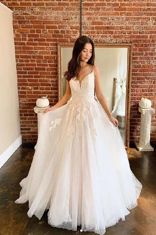 Free Spirited Fashion Roycebridal Ivory A-line Tulle Lace V-neck Spaghetti Straps Long Wedding Dresses, MW709