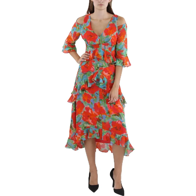 Casual Fashion Tahari ASL Womens Petites Midi Ruffle Trim Midi Dress