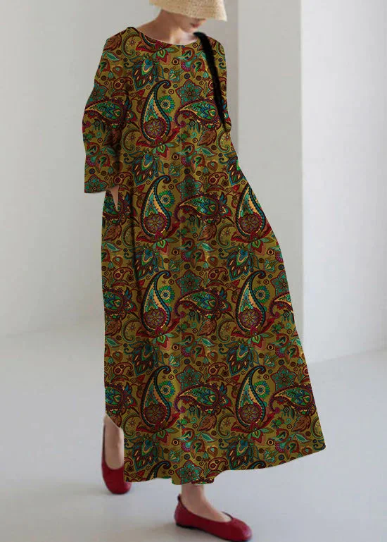 Affordable Elegance – Shop Premium Fashion Now Green-cashew pattern Cotton Dresses Pockets Patchwork Spring