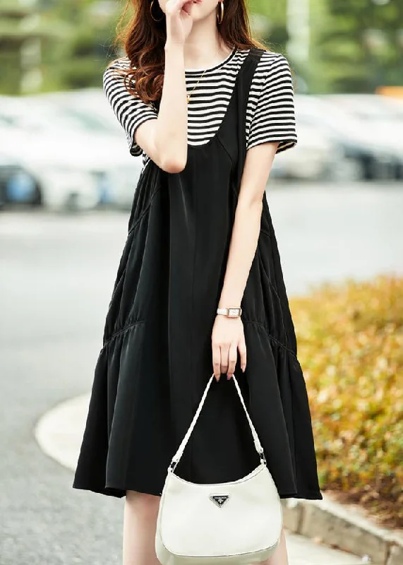 Get More, Spend Less Today Black Striped Patchwork Cotton Dresses Wrinkled Short Sleeve