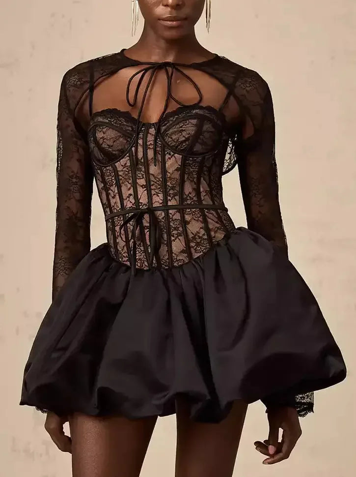 Classic Women's Fashion Black Lace Corset Style Flared Mini Dress with Bolero Jacket