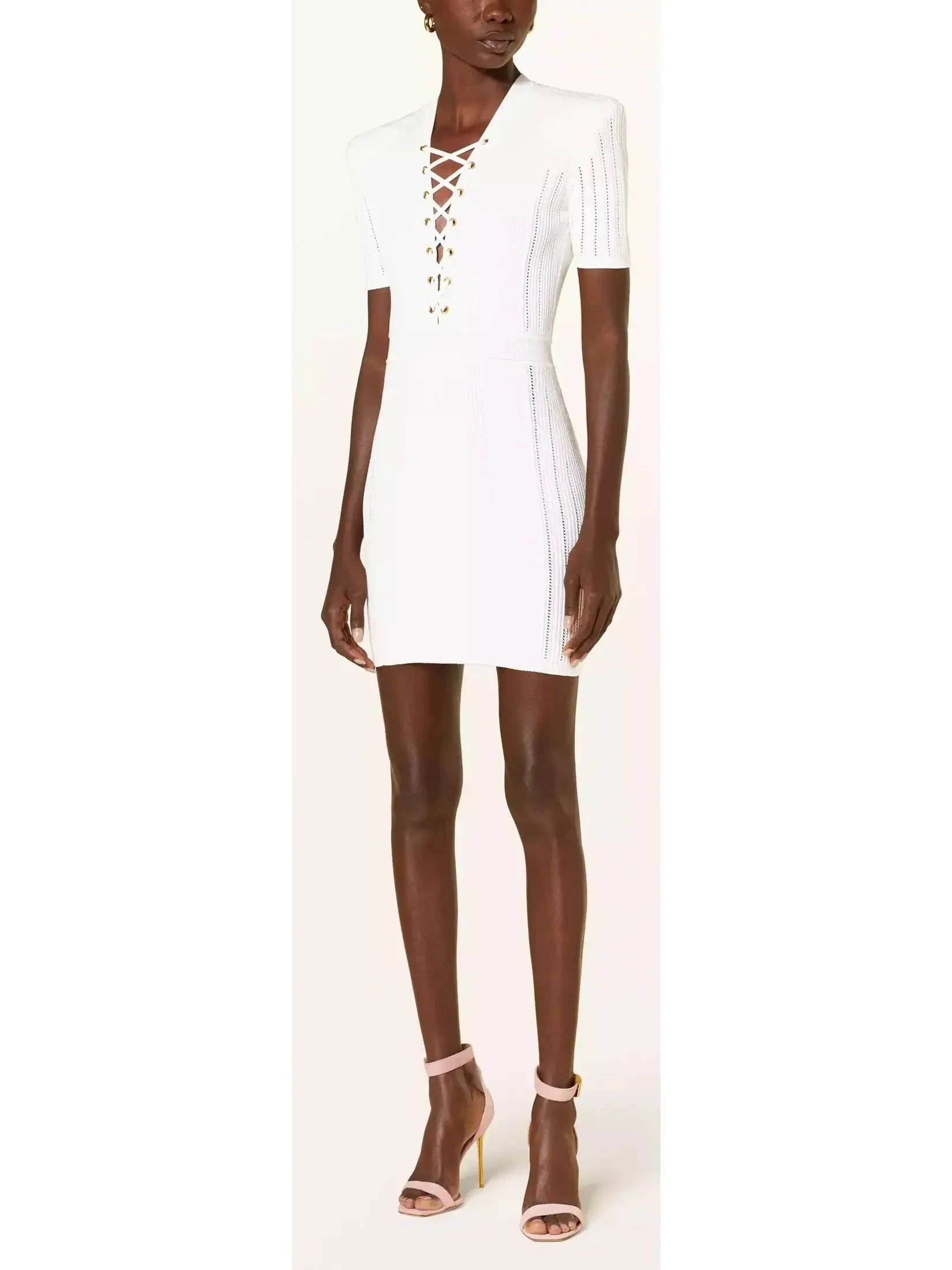 Elevate Your Wardrobe Lace-Up Ribbed Knit White Mini Dress