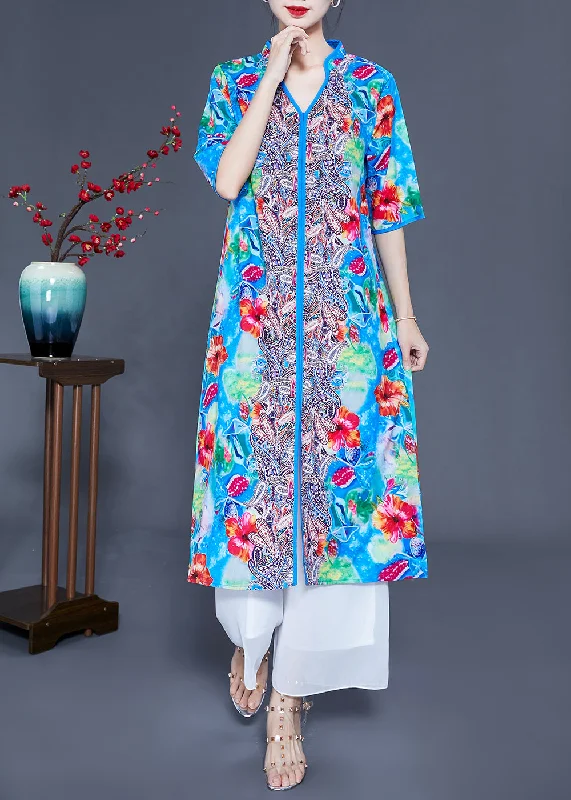 Best Deals On Women's Trendy Outfits – Don't Miss Out Art Light Blue V Neck Patchwork Print Side Open Silk Beach Dresses Summer