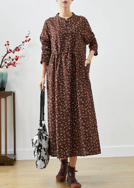 Flash Sale On Fashion – Act Fast Women Chocolate Cinched Print Pockets Cotton Dresses Fall