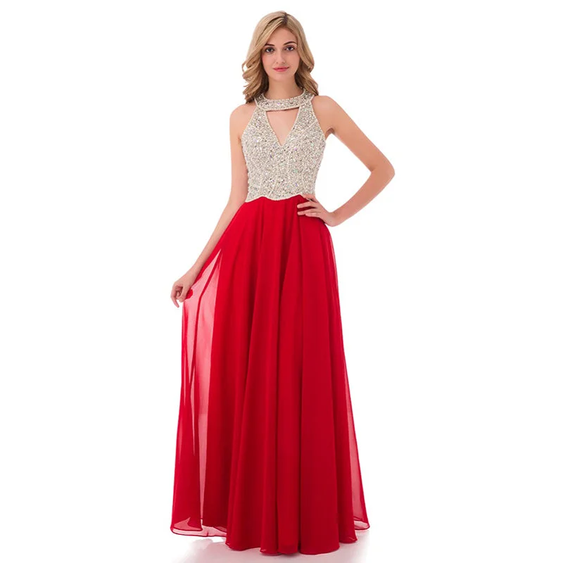 Affordable Online Boutique Fashion New  Halter Beading Long Red Graduation Prom Dress Girls Formal Gown LP0594