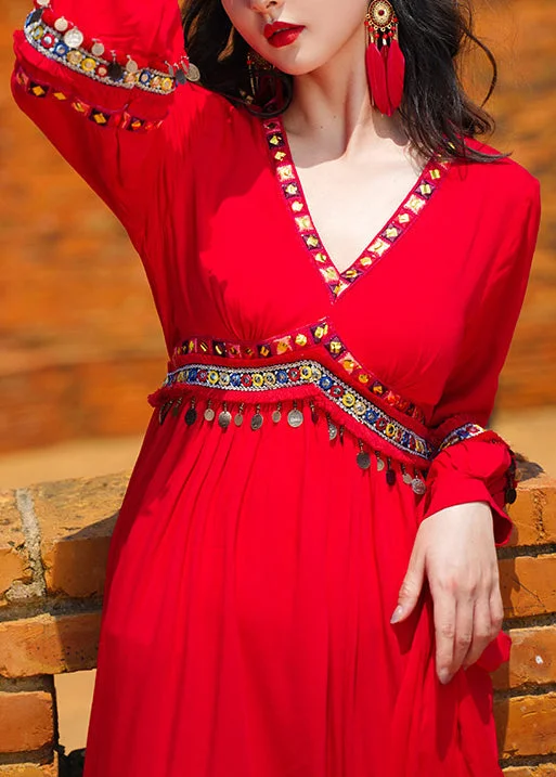 Feminine Style Promotions Beach Red V Neck Tasseled Sequins Patchwork Chiffon Exra Large Hem Dresses Fall