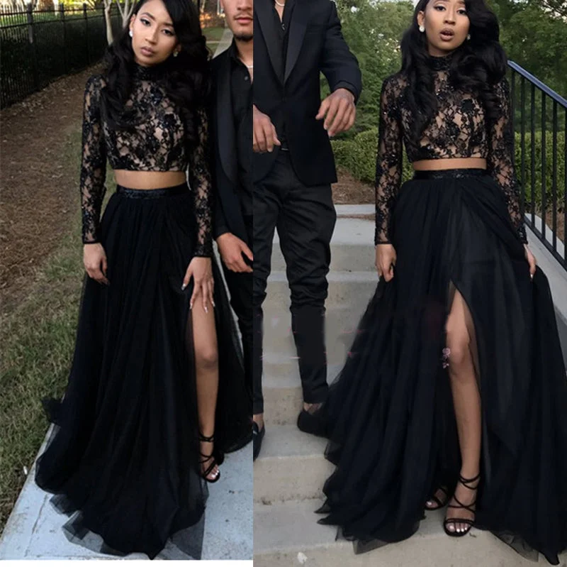 Women Wear Brands Black Lace Crop Top Prom Dresses Girls Senior Prom Graduation Long Formal Gown
