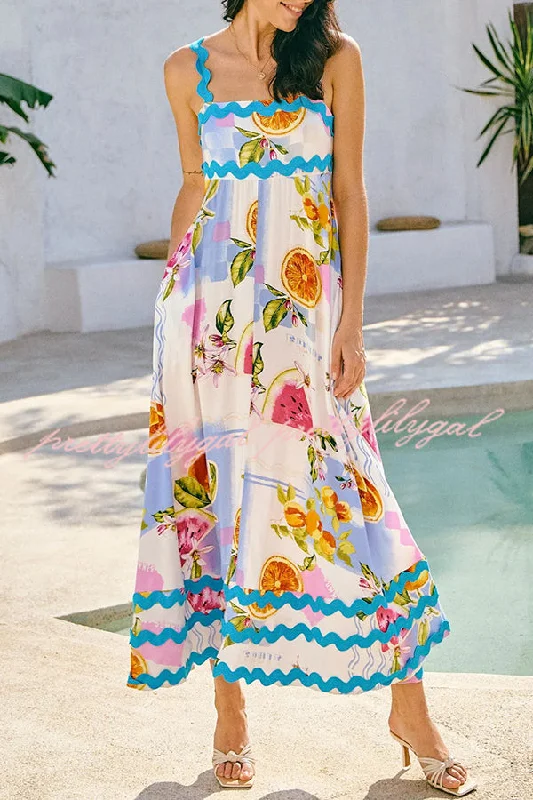 Online Impressions Boutique Vivi Fruit Floral Print Wave Pocket Maxi Dress