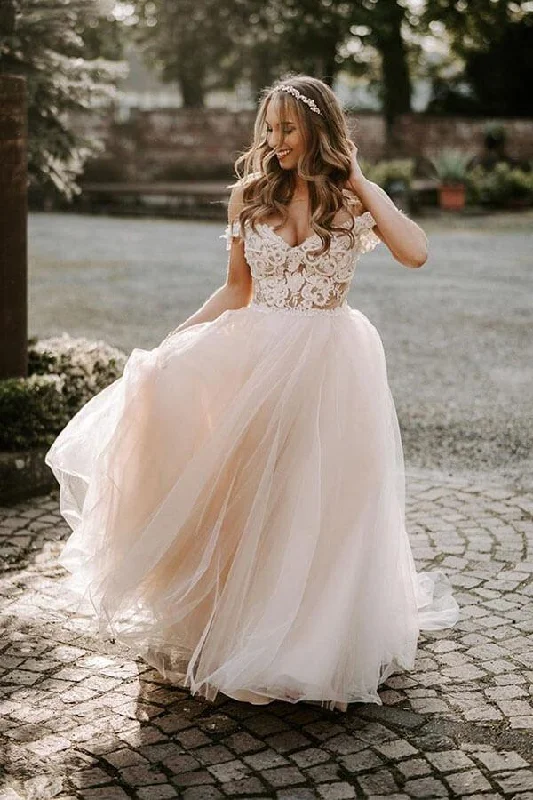 Special Offer Roycebridal Bohemian Tulle Lace A-line Off-the-Shoulder Beach Wedding Dresses, MW561