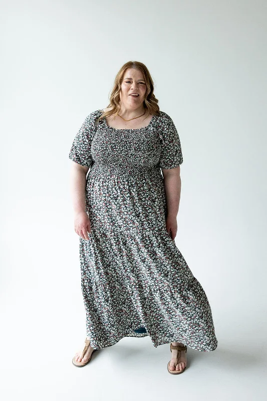 Unleash Your Trend Driven Style FLOOR LENGTH SMOCKED BODICE DRESS IN FORBIDDEN FORREST
