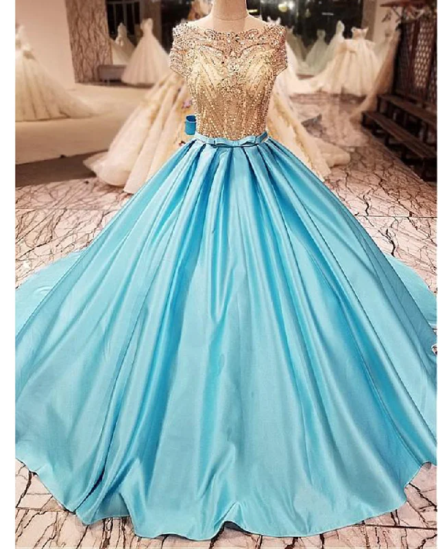 Online Boutiques Clothing Cap Sleeves See Through Beading Luxury Ball Gown Prom Long Dresses Girls PL654