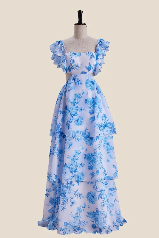 Save Big Ruffle Sleeves Blue Floral Print Tiered Long Dress