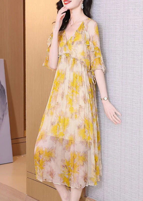 Trendy Women's Wear Collection Unique Yellow Ruffled Print Chiffon Beach Dresses Summer