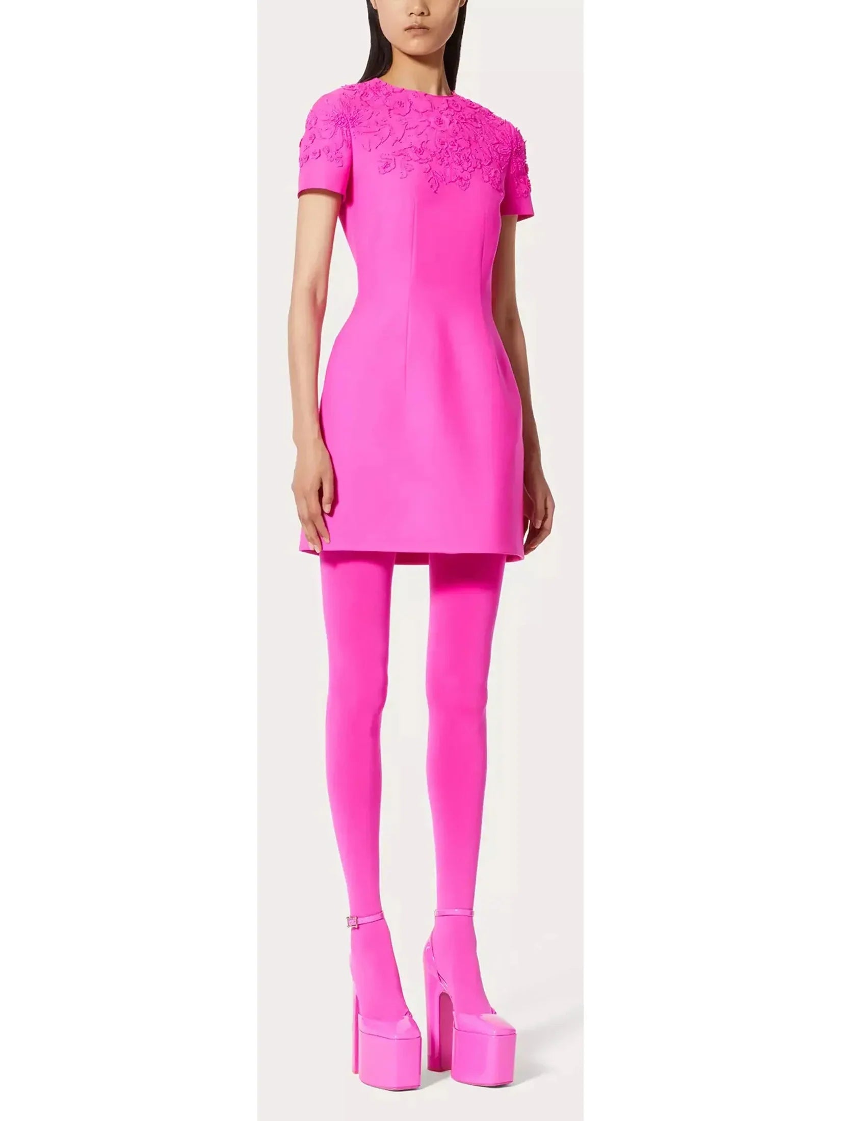 Trendy Street Style Attire Bead-Embroidered Mini Dress in Fuchsia Pink
