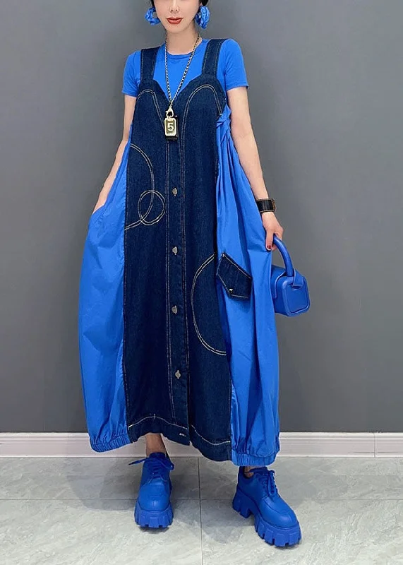 Top Deals Chic Blue Oversized Patchwork Cotton Denim Strap Dress Summer