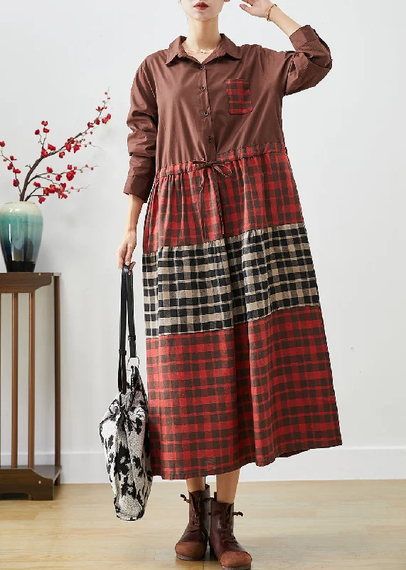 High-Quality Fashion At Discounted Prices – Shop Today Fitted Red Cinched Patchwork Plaid Cotton Dresses Fall