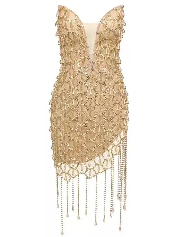 Chic Trend Collection Gold Jewel and Chain Fringe Mini Dress