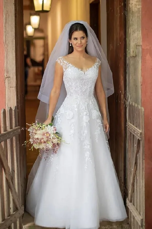 Sales For Clothes Roycebridal White A-line V-neck Wedding Dresses With Lace Appliques, Bridal Gown, MW826
