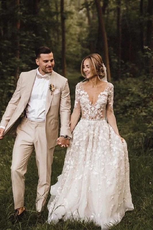Clearance Sale Roycebridal Romantic Lace A-line V-neck Long Sleeves Wedding Dresses, Bridal Gown, MW681