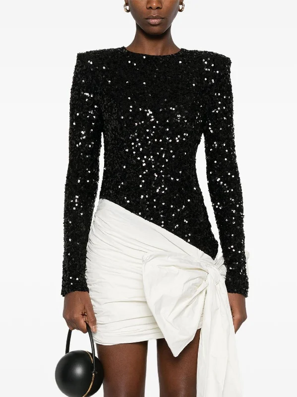 Trendy Urban Attire Bi-Color Gathered Bow-Detail Sequin Mini Dress