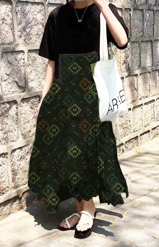 Women's Night-Out Outfit Fashion green print O-Neck Asymmetrical Plaid mosaic dress