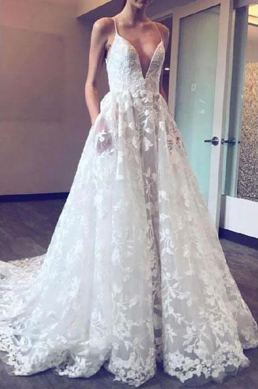 Women's Urban Fashion Roycebridal Fabulous Deep V Neck Spaghetti Straps Lace Applique Ball Gown Wedding Dresses, MW150