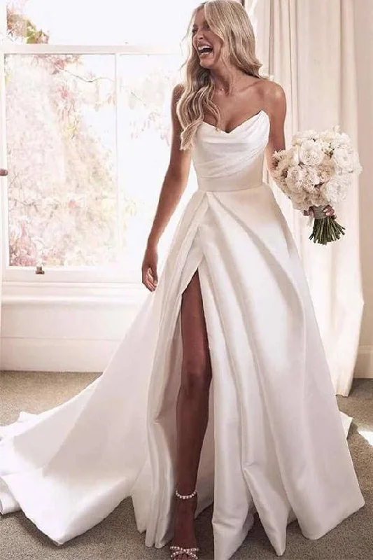 Holiday Gift Guide Sale Roycebridal Ivory Satin A-line Strapless Court Train Wedding Dresses With Thigh Slit, MW674