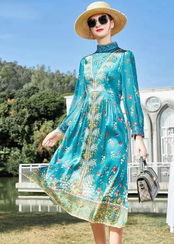 Limited-Stock Clothing Sale – Shop Before It's Too Late Blue Print Patchwork Slim Fit Silk Dresses Stand Collar Side Open Fall