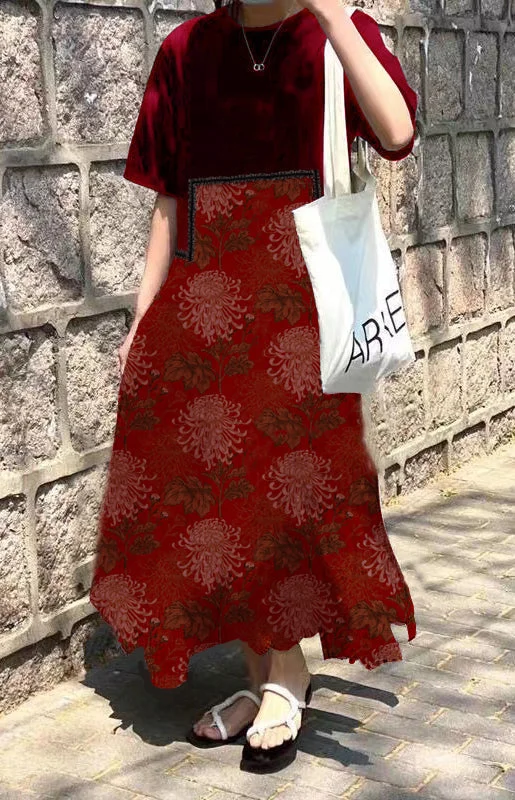 Stylish Women's Outerwear Apparel Fashion red print O-Neck Asymmetrical Plaid mosaic dress