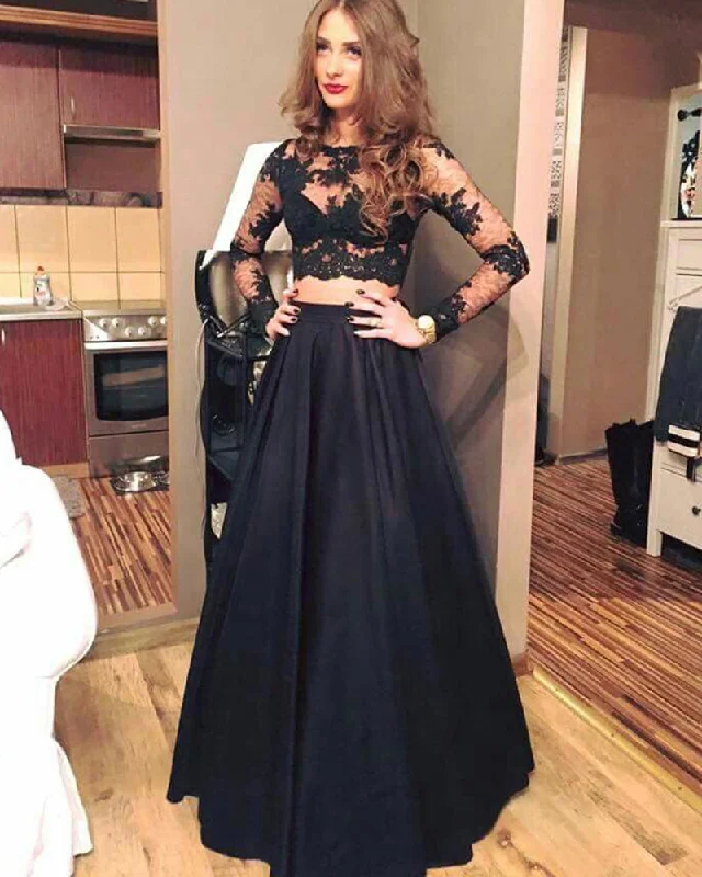 Flash Sale Or Flash Sales Girls Long Senior Graduation Black Prom Dresses Crop Top with Sleeves PL874
