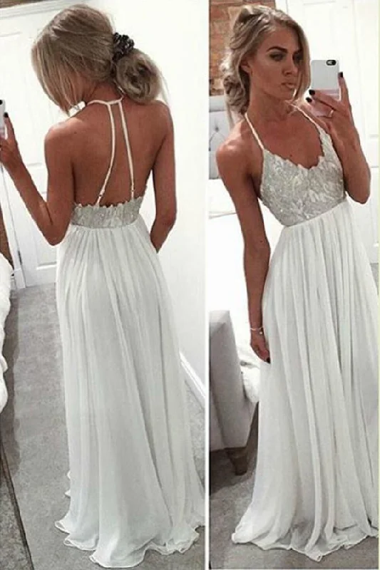 Durable Fashion Picks Roycebridal White Halter Floor Length Beach Wedding Dresses, Beaded Cheap Prom Dress, MP256