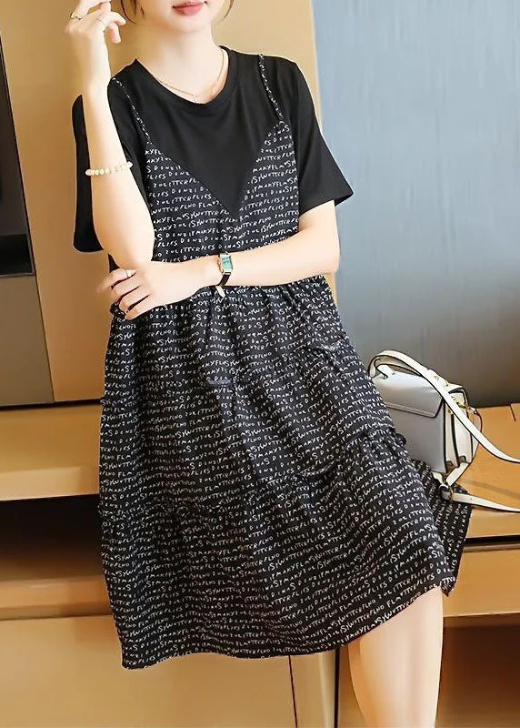 Unbeatable Discounts On The Latest Fashion Trends French Black Oversized Patchwork Print Cotton Fake Two Piece Mid Dresses Summer