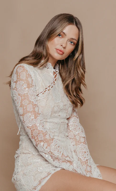 Relaxed Style White Sequin Lace Up Detail Mini Dress