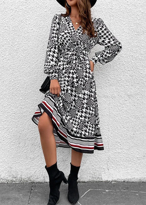 Limited-Stock Women's Clothing Clearance – Shop Now Bohemian Black V Neck Print Patchwork Chiffon Dresses Spring