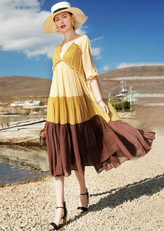 Huge Discounts On Your Favorites Natural Colorblock V Neck Wrinkled Patchwork Chiffon Dresses Summer